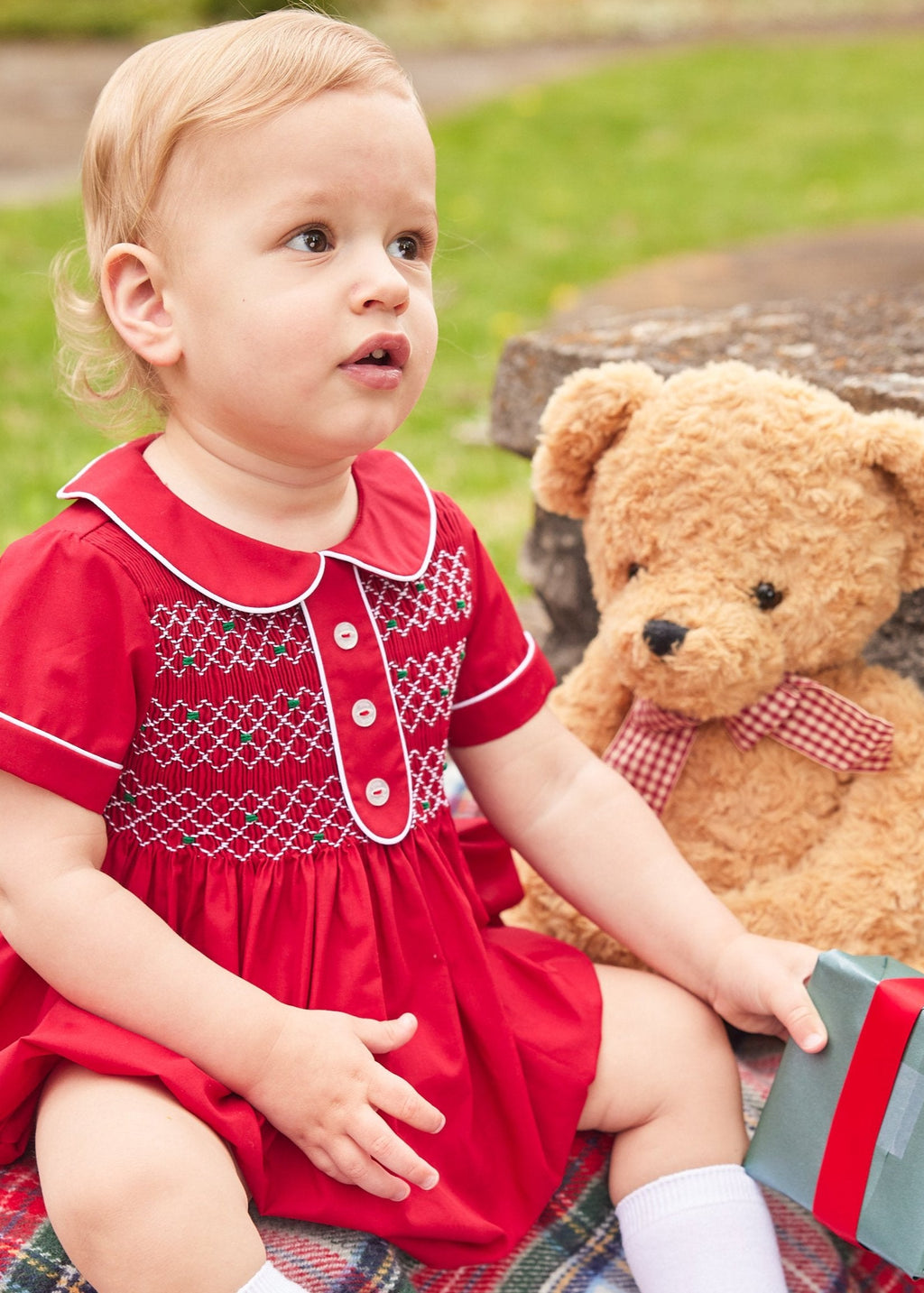 Little English traditional children's clothing, red smocked peter pan bubble for baby boy, classic holiday outfit
