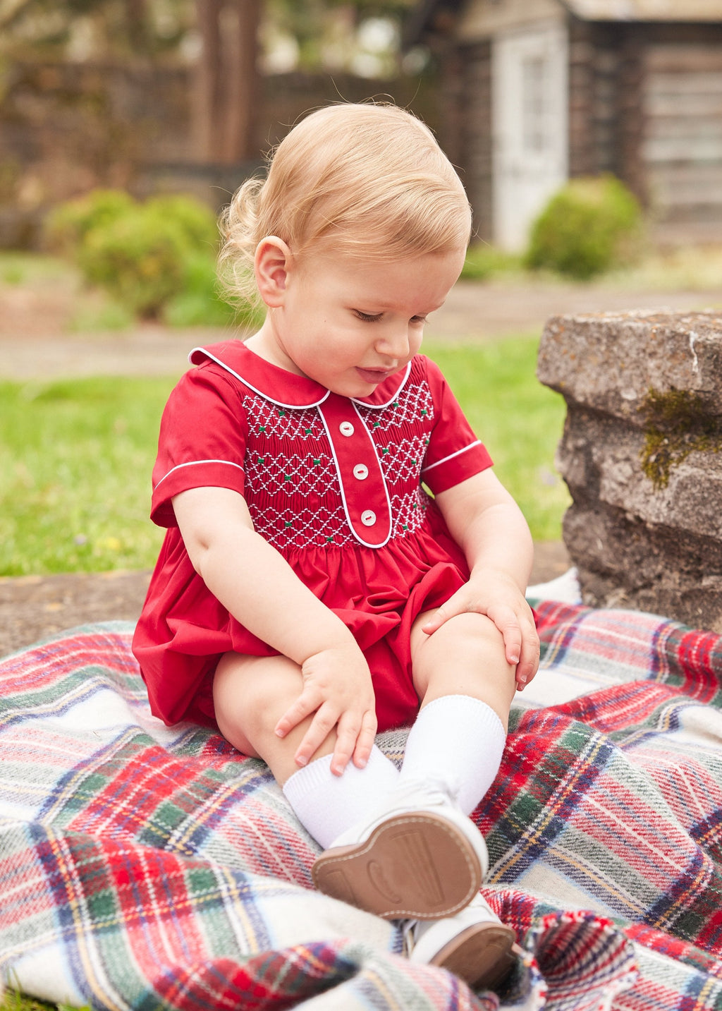 Little English traditional children's clothing, red smocked peter pan bubble for baby boy, classic holiday outfit