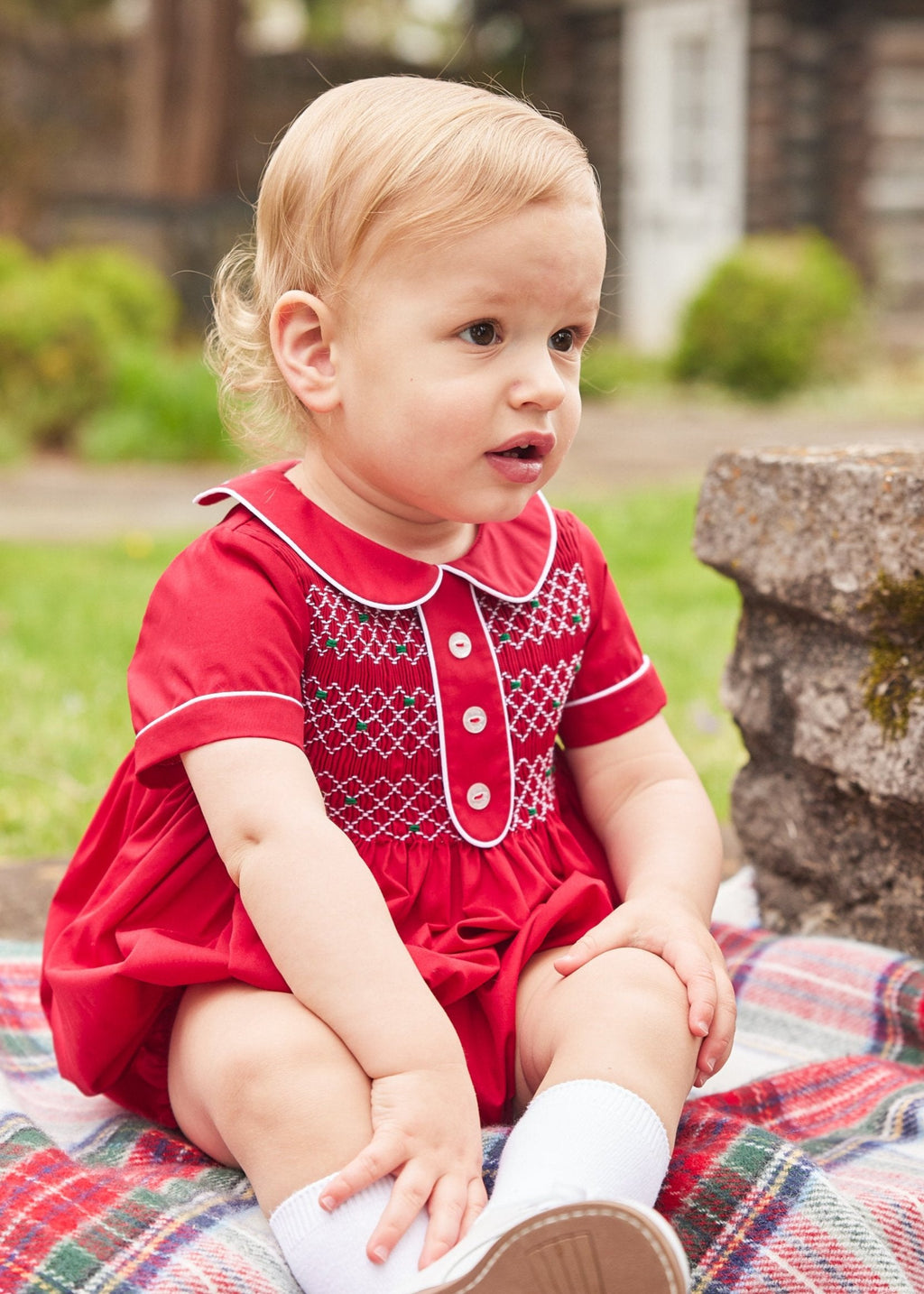 Little English traditional children's clothing, red smocked peter pan bubble for baby boy, classic holiday outfit
