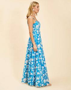 Alemais Gown in Huckleberry Blue linen organza with scoop neckline, adjustable straps, boned bodice, and fit-and-flare silhouette.