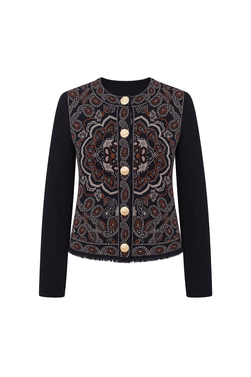 White-background front view of Alesia Jacket in Bandana Navy with jacquard knit, ribbed sleeves, gold snaps, and fringe hem