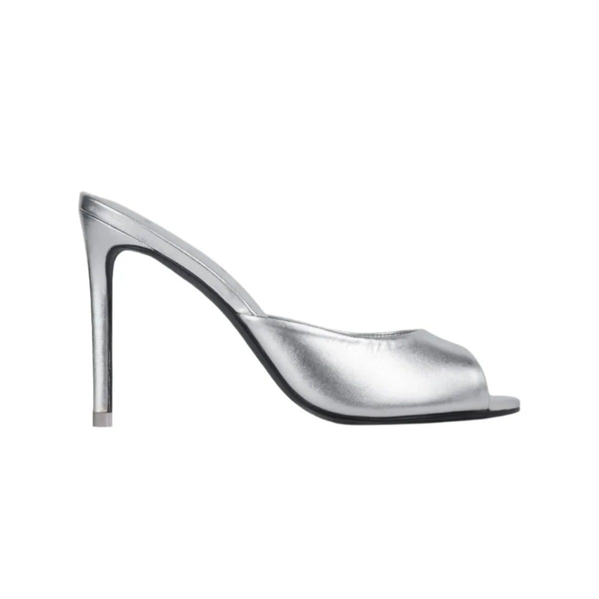 Side view of Alessia in Silver Metallic Leather showcasing a rounded toe and straight stiletto heel with a white background