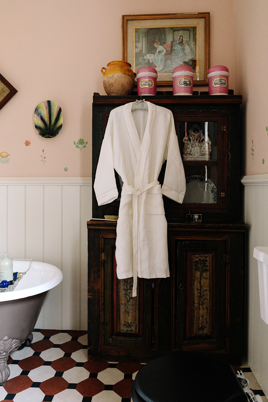 Liege Robe in Ivory White Waffle with Olive Green Hemstitch