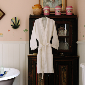 Liege Robe in Ivory White Waffle with Parma Grey Hemstitch