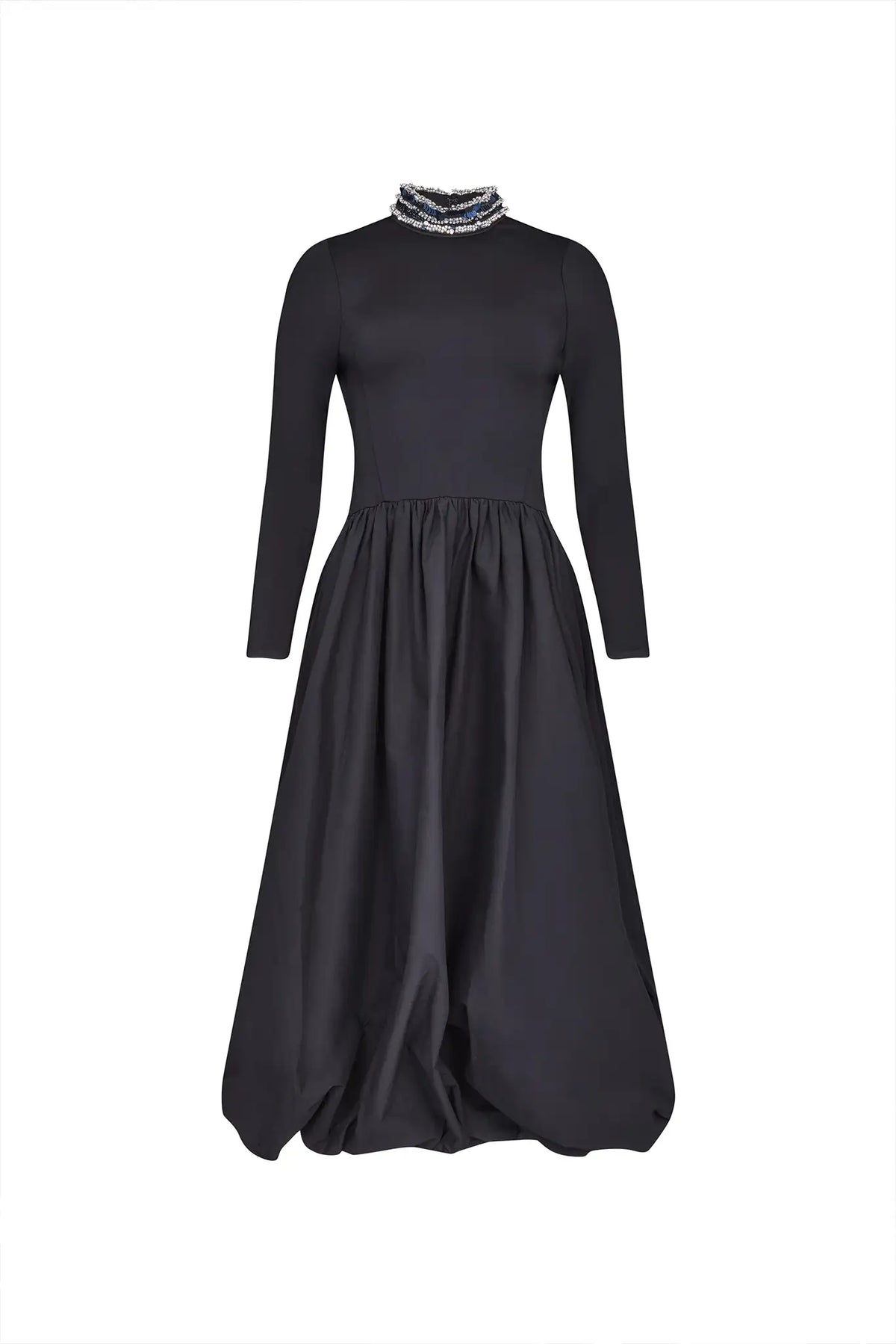 The Alexandra Dress is a fitted bodice with long sleeves, bubble skirt, and jeweled trim neckline. 