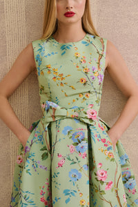 Grace Garden Reverie Silk Faille Ball Gown with Bow Belt in Celadon Floral
