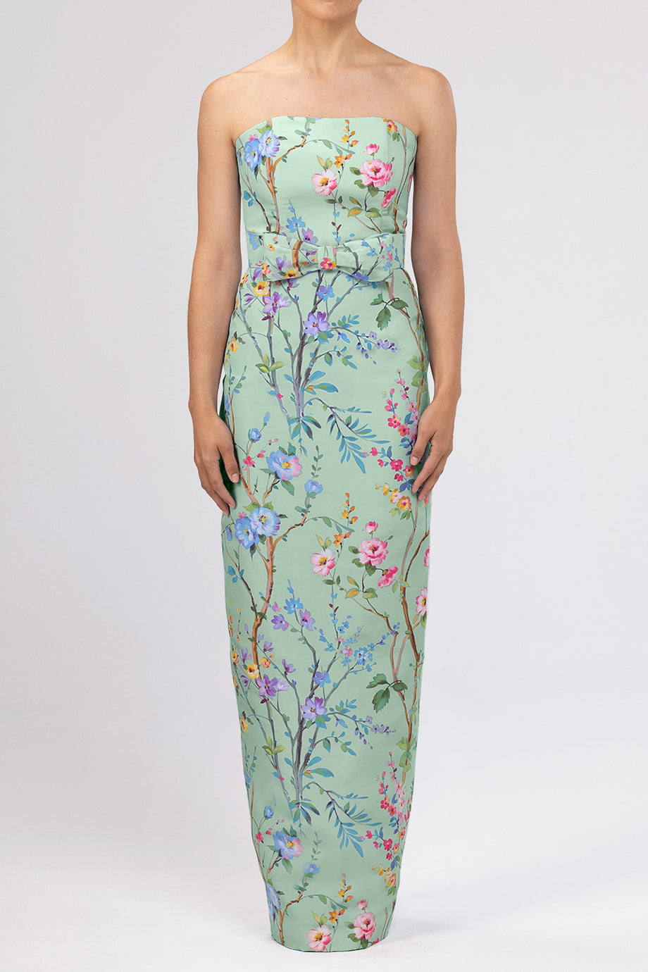 Elizabeth Garden Reverie Silk Faille Column Gown with Bow Belt in Celadon Floral
