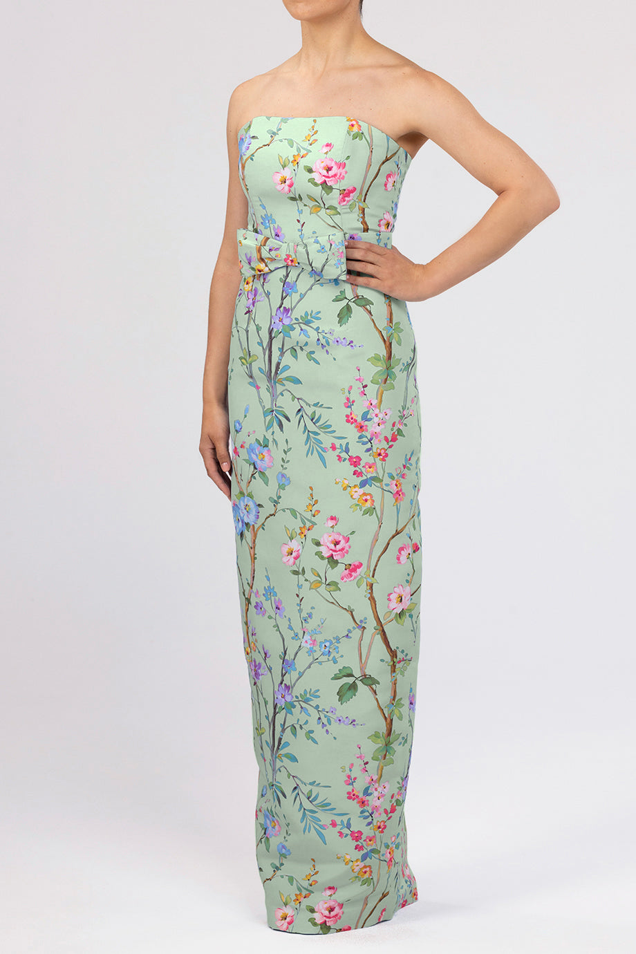 Elizabeth Garden Reverie Silk Faille Column Gown with Bow Belt in Celadon Floral