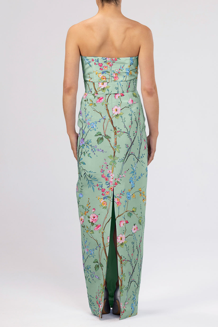 Elizabeth Garden Reverie Silk Faille Column Gown with Bow Belt in Celadon Floral