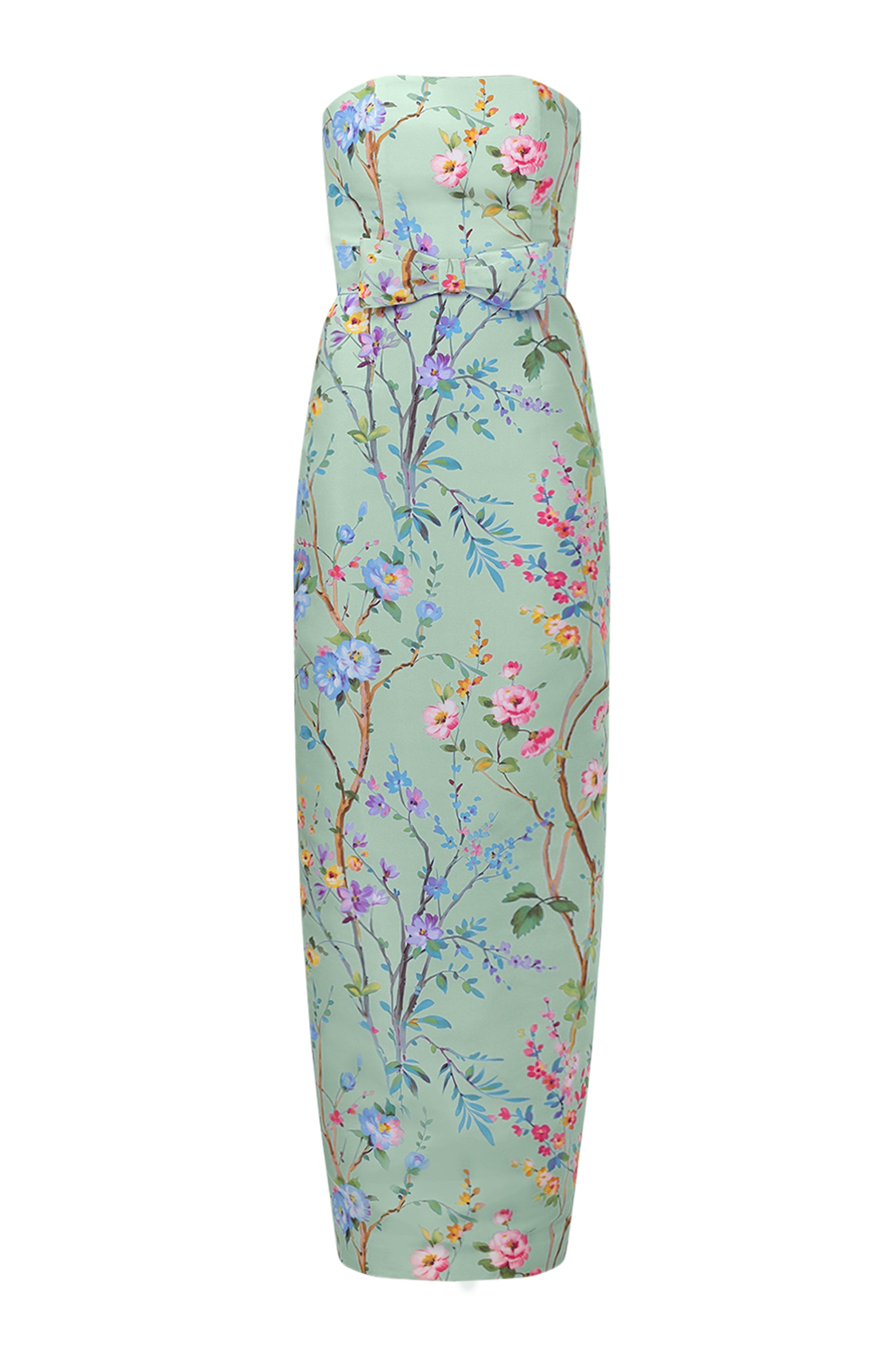 Elizabeth Garden Reverie Silk Faille Column Gown with Bow Belt in Celadon Floral