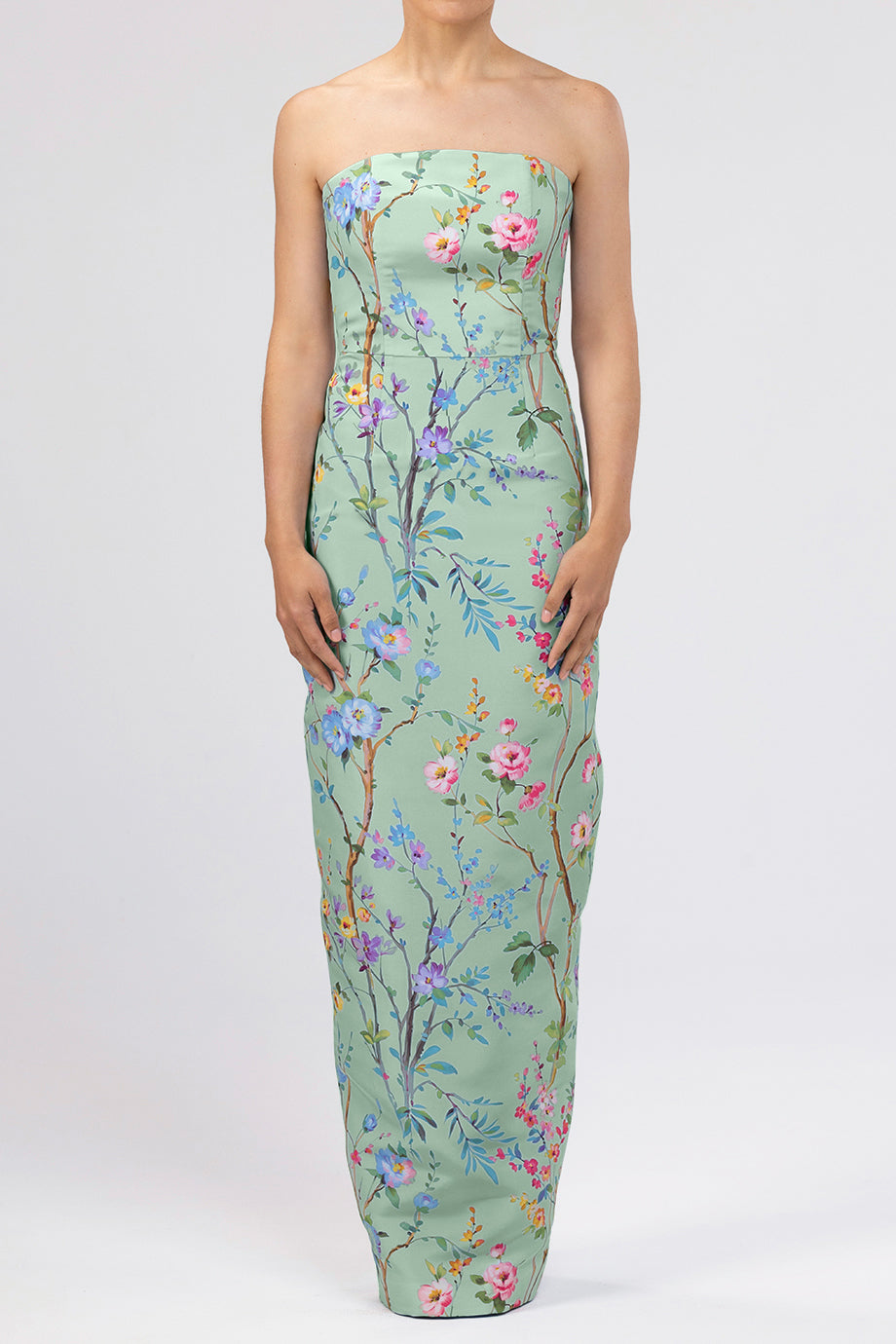 Elizabeth Garden Reverie Silk Faille Column Gown in Celadon Floral