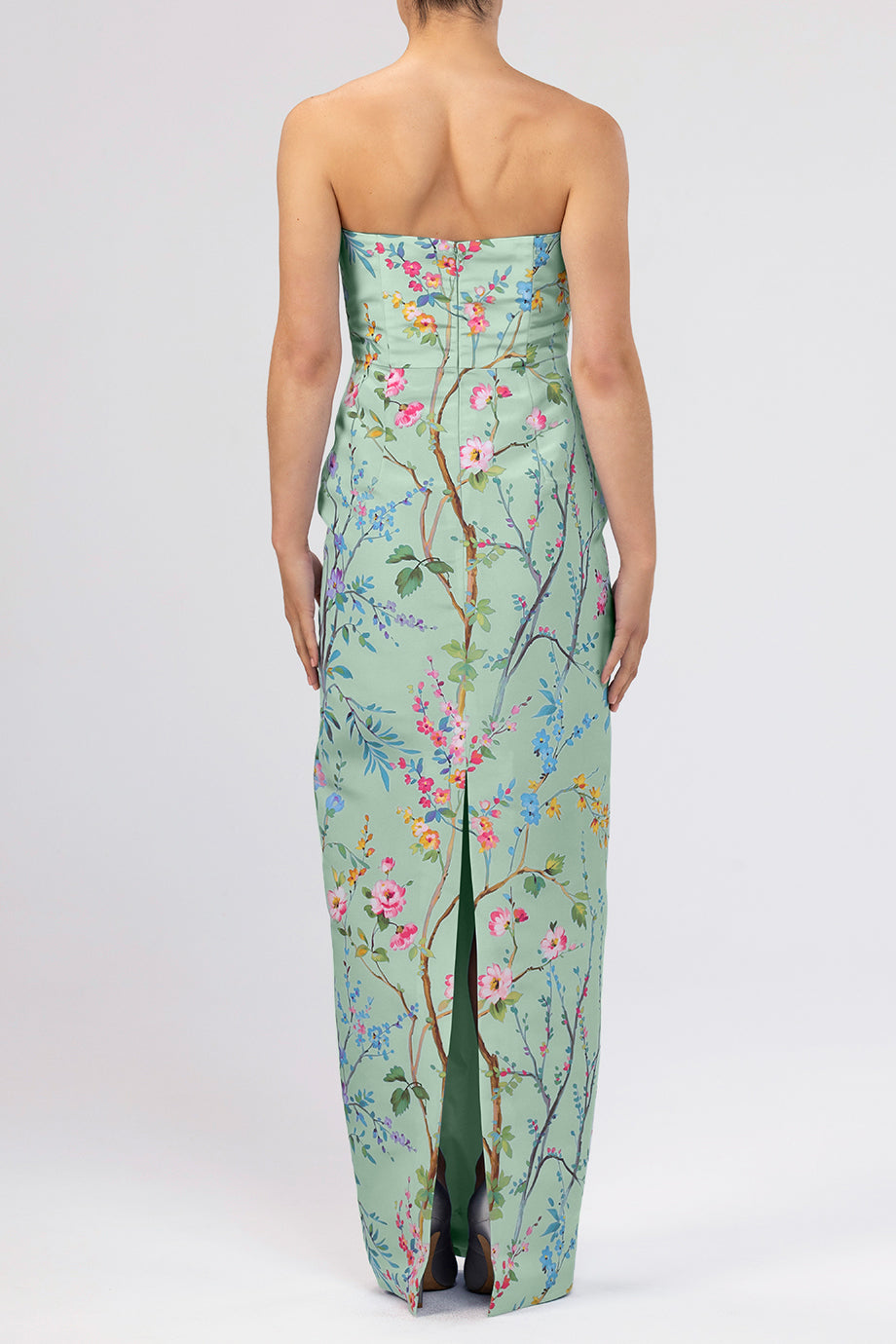 Elizabeth Garden Reverie Silk Faille Column Gown in Celadon Floral
