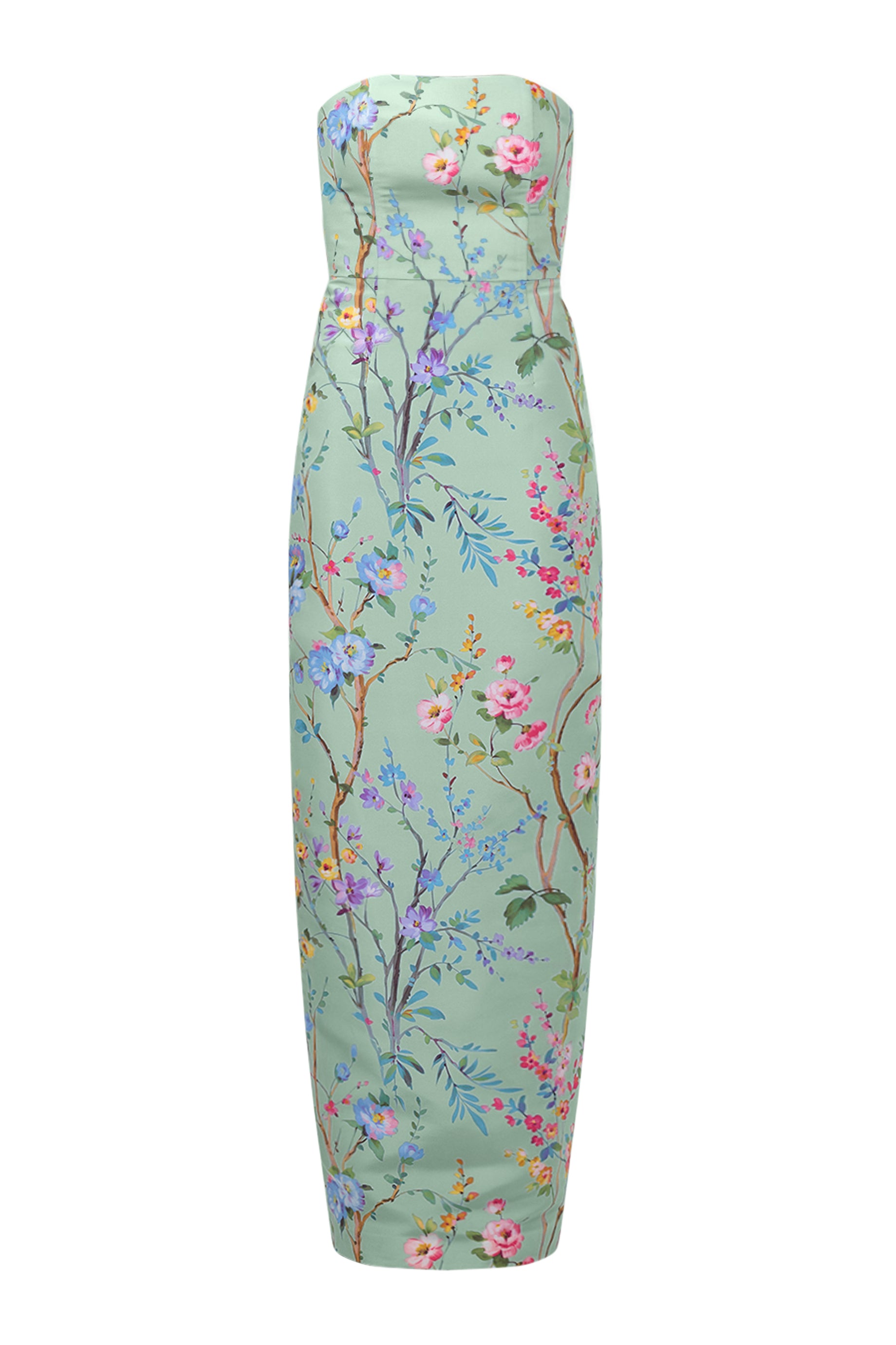 Elizabeth Garden Reverie Silk Faille Column Gown in Celadon Floral