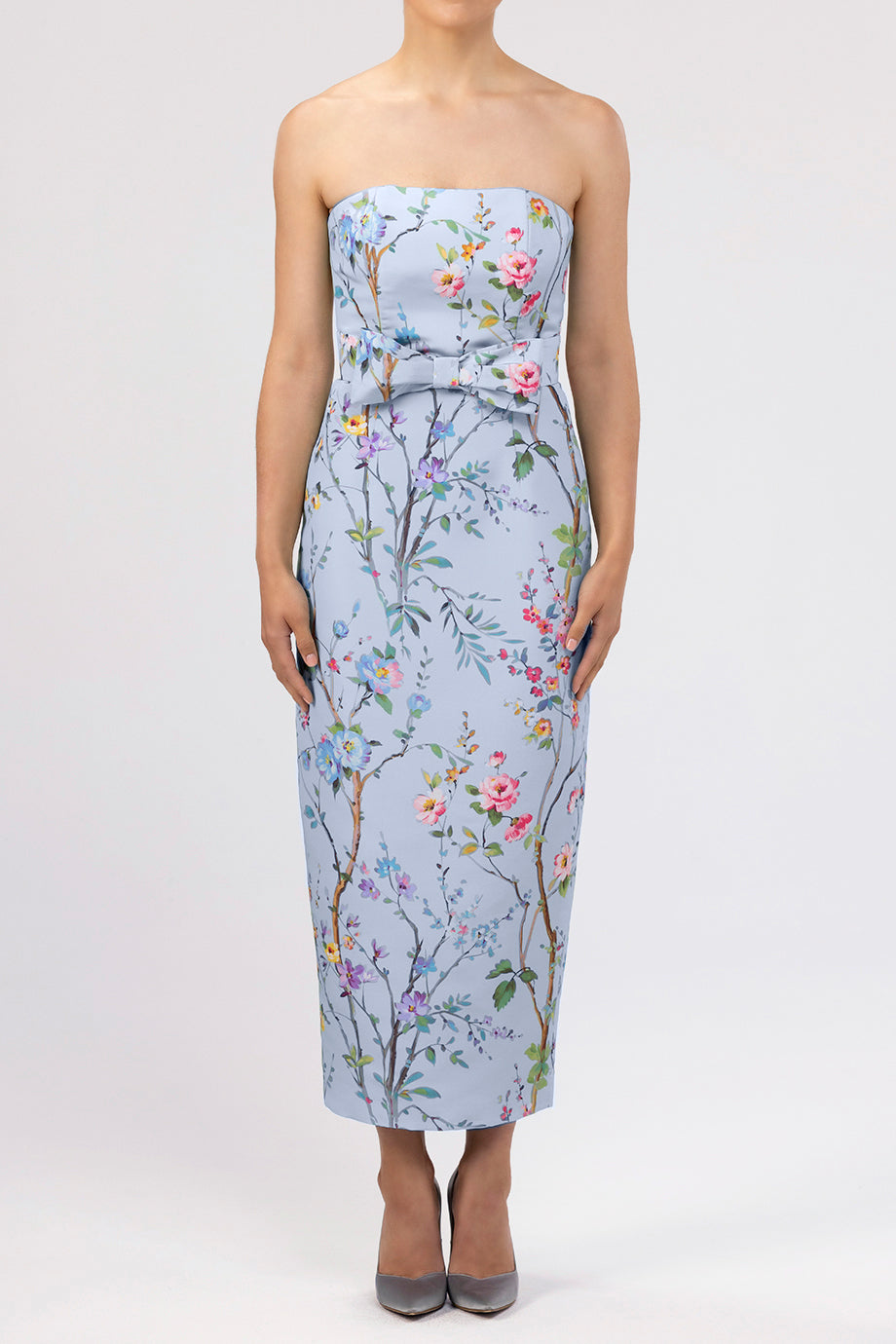 Elizabeth Garden Reverie Silk Faille Midi Dress with Bow Belt in Light Blue Floral