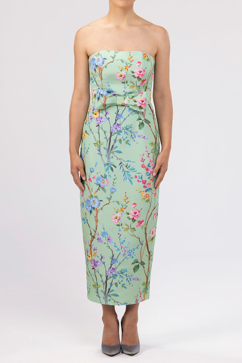 celadon green dress Elizabeth Garden Reverie Silk Faille Midi Dress with Bow Belt in Celadon Floral 10