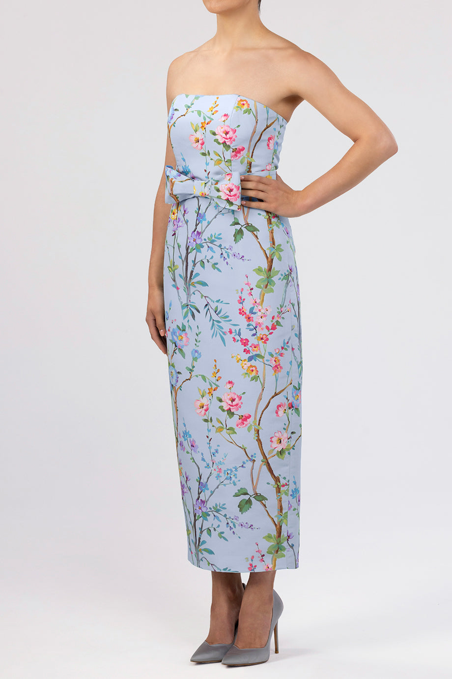 Elizabeth Garden Reverie Silk Faille Midi Dress with Bow Belt in Light Blue Floral