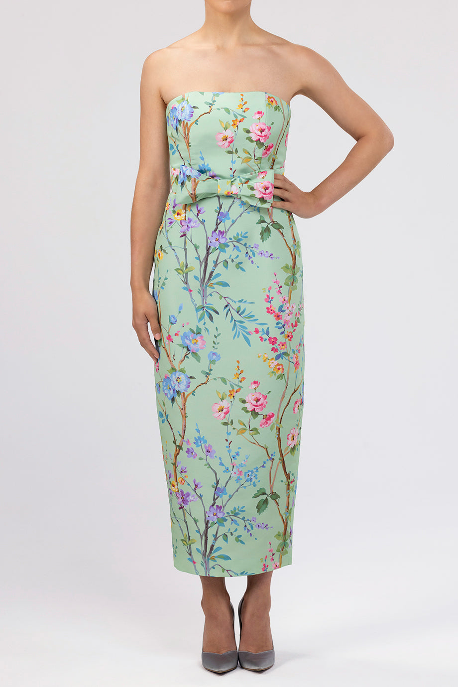 elizabeth midi dress Elizabeth Garden Reverie Silk Faille Midi Dress with Bow Belt in Celadon Floral 10