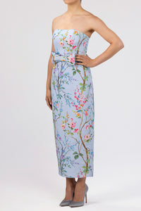 Elizabeth Garden Reverie Silk Faille Midi Dress with Bow Belt in Light Blue Floral