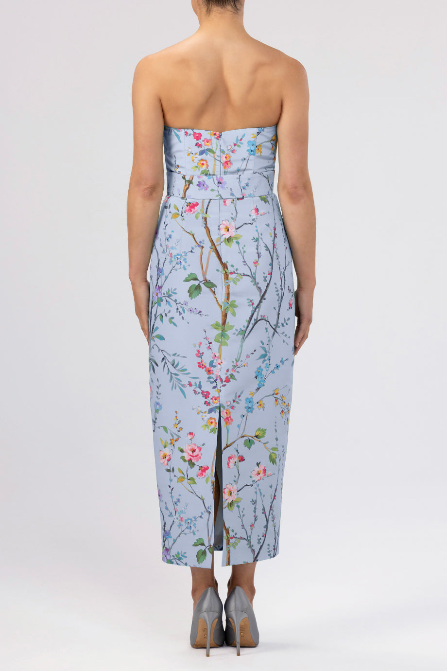 Elizabeth Garden Reverie Silk Faille Midi Dress with Bow Belt in Light Blue Floral