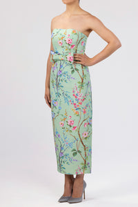 Elizabeth Garden Reverie Silk Faille Midi Dress with Bow Belt in Celadon Floral