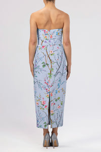 Elizabeth Garden Reverie Silk Faille Midi Dress with Bow Belt in Light Blue Floral