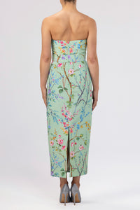 Elizabeth Garden Reverie Silk Faille Midi Dress with Bow Belt in Celadon Floral
