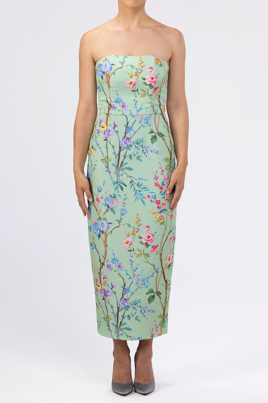 Elizabeth Garden Reverie Silk Faille Midi Dress with Bow Belt in Celadon Floral