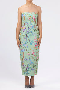 Elizabeth Garden Reverie Silk Faille Midi Dress with Bow Belt in Celadon Floral