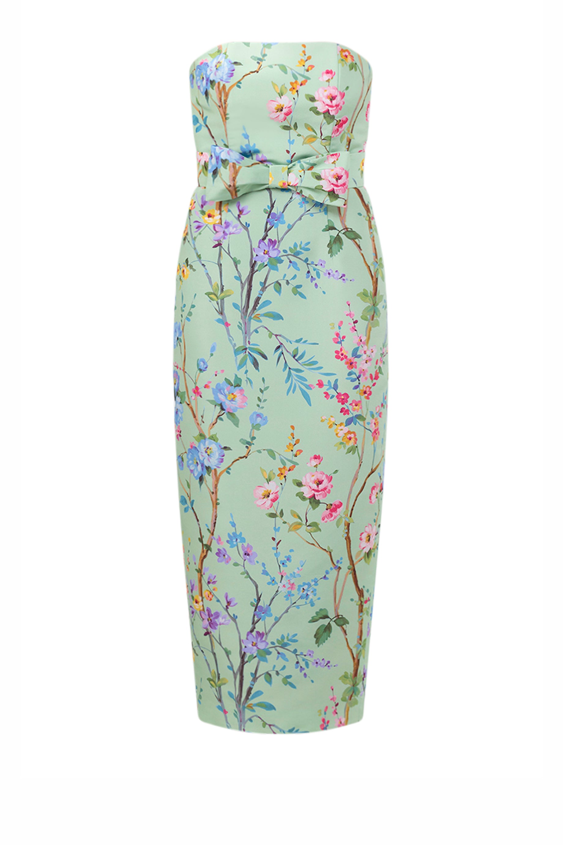 Elizabeth Garden Reverie Silk Faille Midi Dress with Bow Belt in Celadon Floral