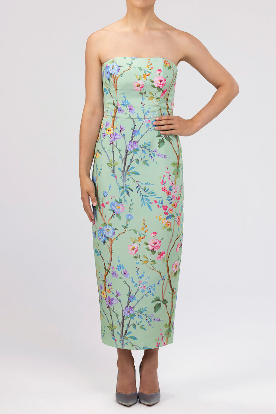 Elizabeth Garden Reverie Silk Faille Midi Dress in Celadon Floral