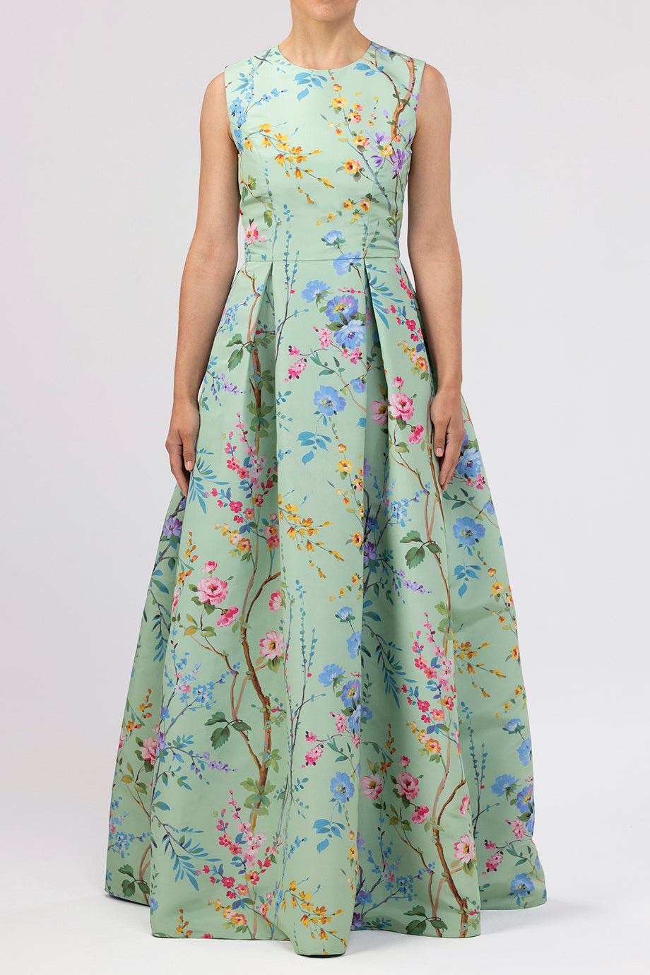 Grace Garden Reverie Silk Faille Ball Gown with Bow Belt in Celadon Floral