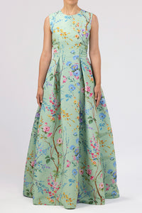 Grace Garden Reverie Silk Faille Ball Gown with Bow Belt in Celadon Floral