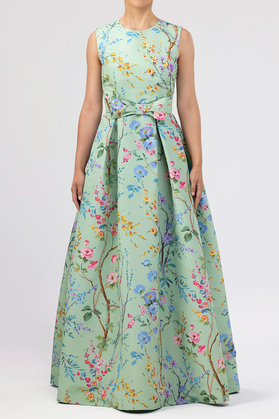 Grace Garden Reverie Silk Faille Ball Gown with Bow Belt in Celadon Floral