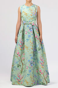 Grace Garden Reverie Silk Faille Ball Gown with Bow Belt in Celadon Floral