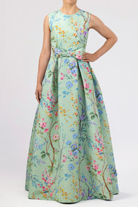 Grace Garden Reverie Silk Faille Ball Gown with Bow Belt in Celadon Floral