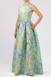Grace Garden Reverie Silk Faille Ball Gown with Bow Belt in Celadon Floral