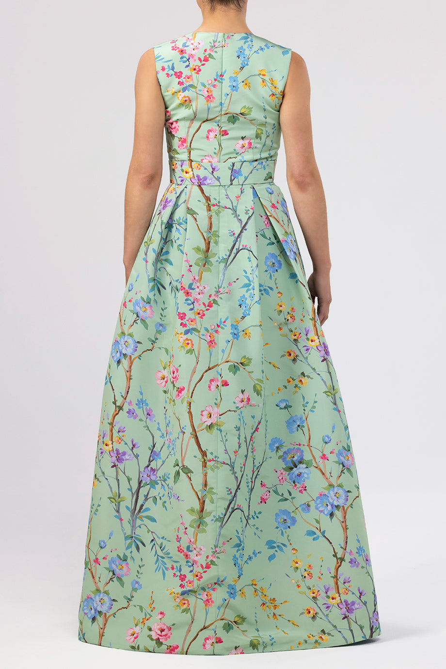 Grace Garden Reverie Silk Faille Ball Gown with Bow Belt in Celadon Floral