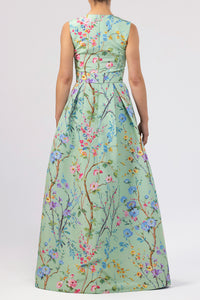 Grace Garden Reverie Silk Faille Ball Gown with Bow Belt in Celadon Floral