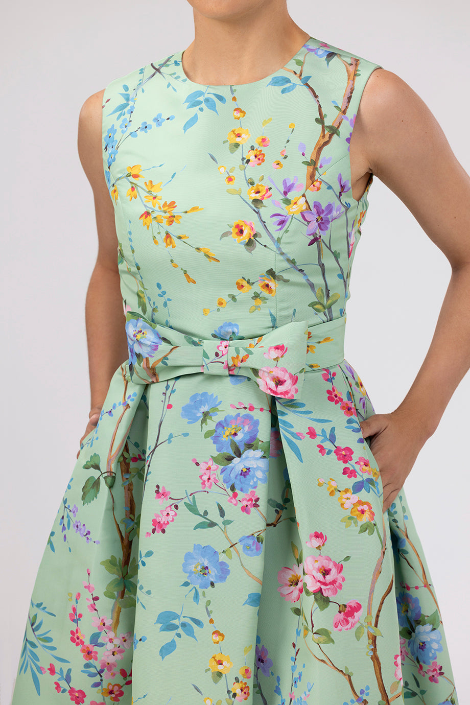 Grace Garden Reverie Silk Faille Ball Gown with Bow Belt in Celadon Floral