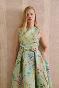 Grace Garden Reverie Silk Faille Ball Gown with Bow Belt in Celadon Floral
