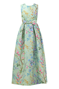 Grace Garden Reverie Silk Faille Ball Gown with Bow Belt in Celadon Floral