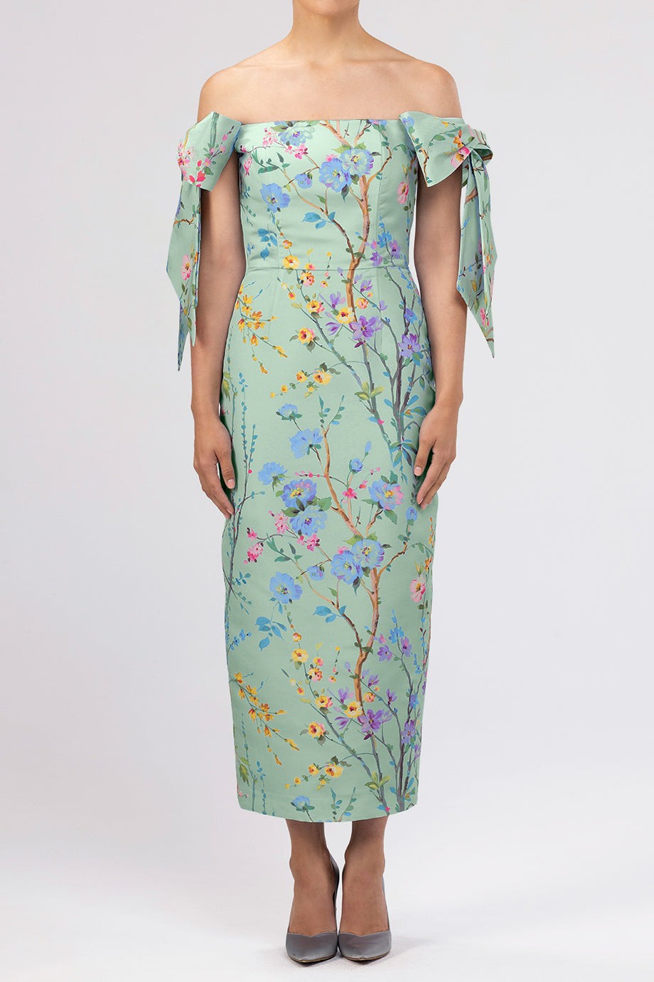 Isabella Garden Reverie Silk Faille Midi Dress in Celadon Floral
