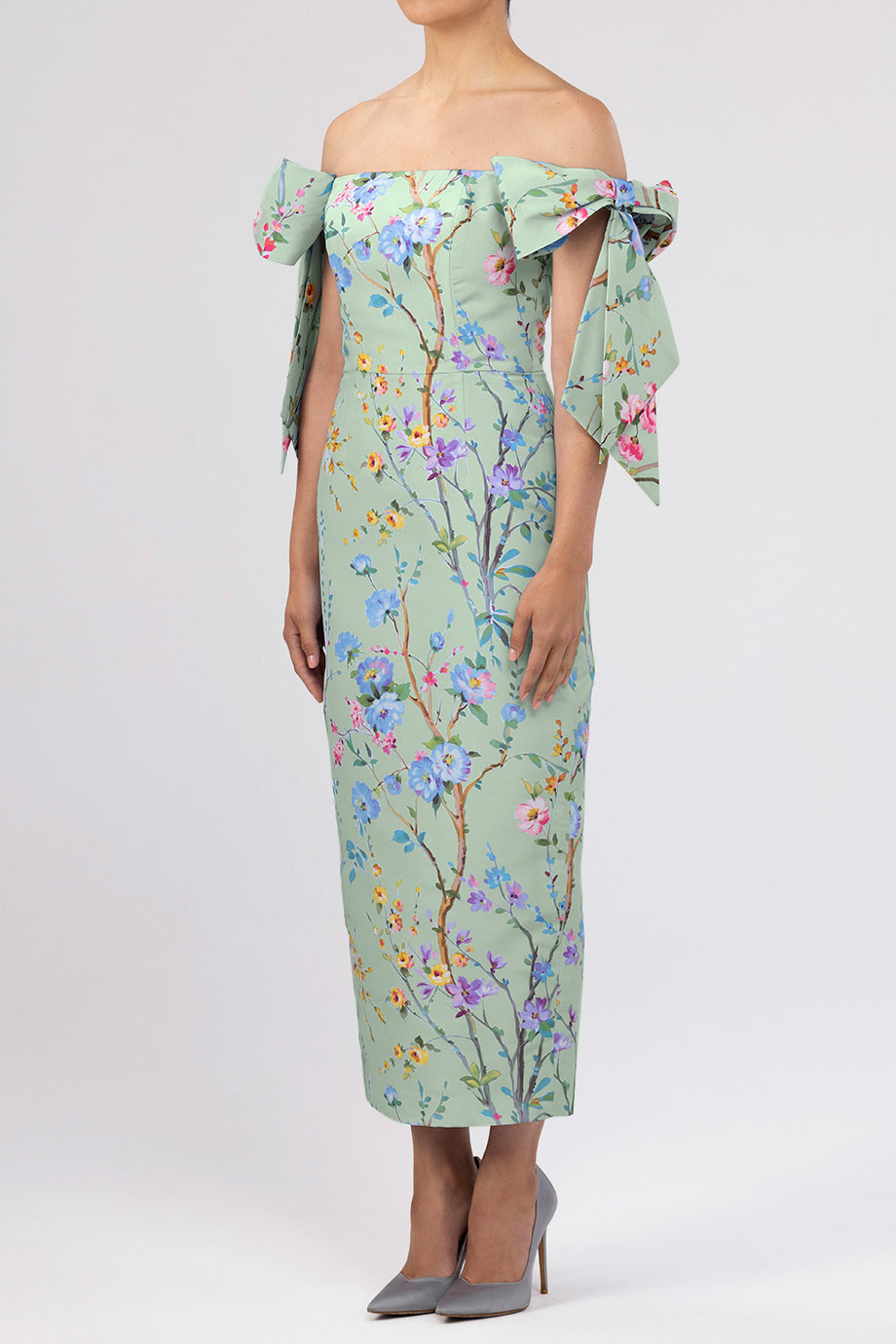 Isabella Garden Reverie Silk Faille Midi Dress in Celadon Floral