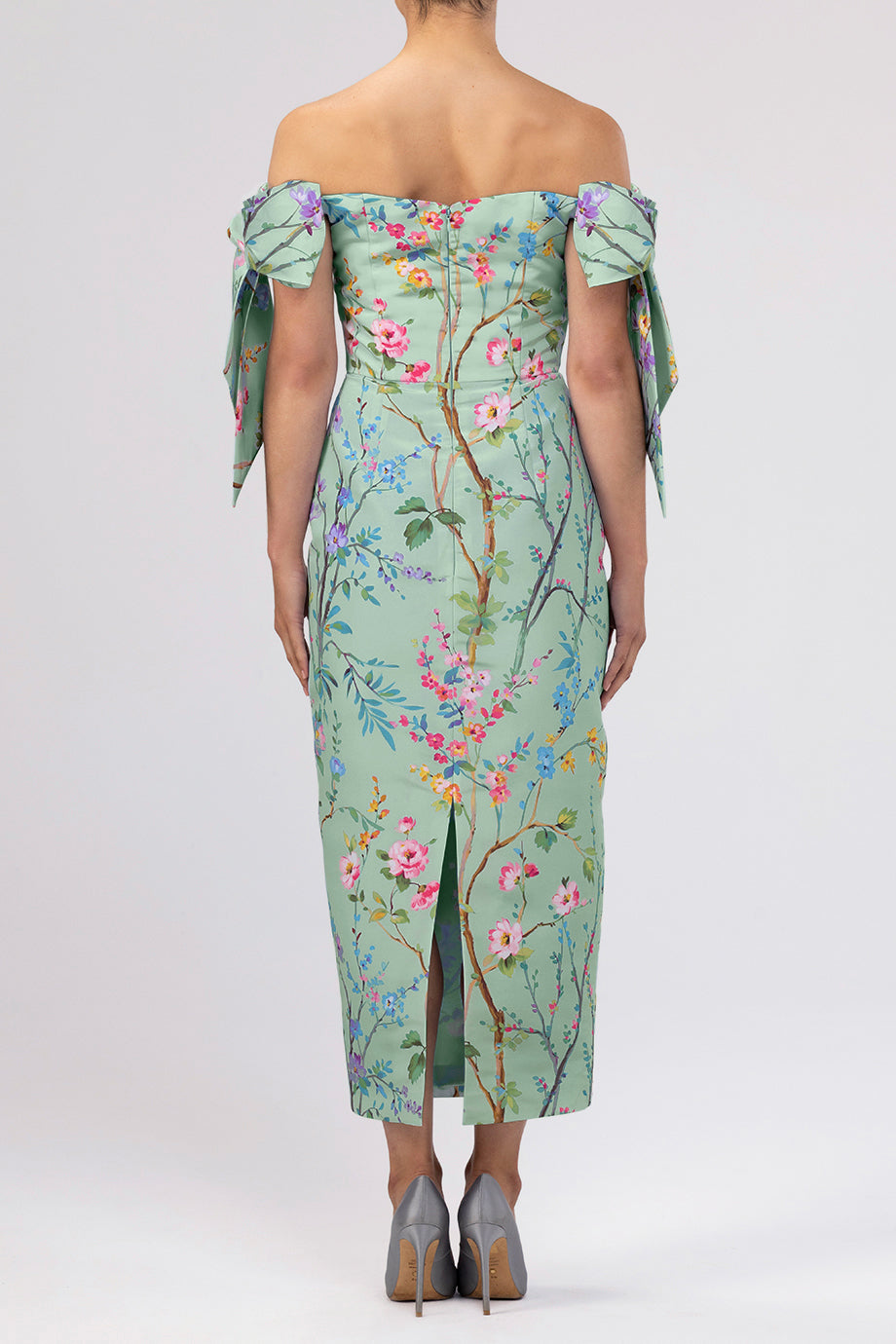 Isabella Garden Reverie Silk Faille Midi Dress in Celadon Floral