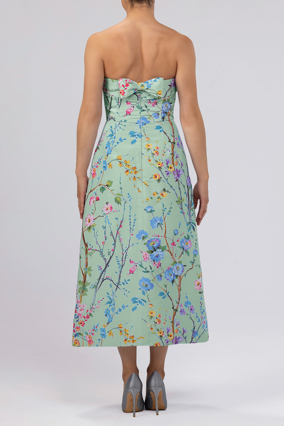 Lucie Garden Reverie Silk Faille A-Line Midi Dress in Celadon Floral