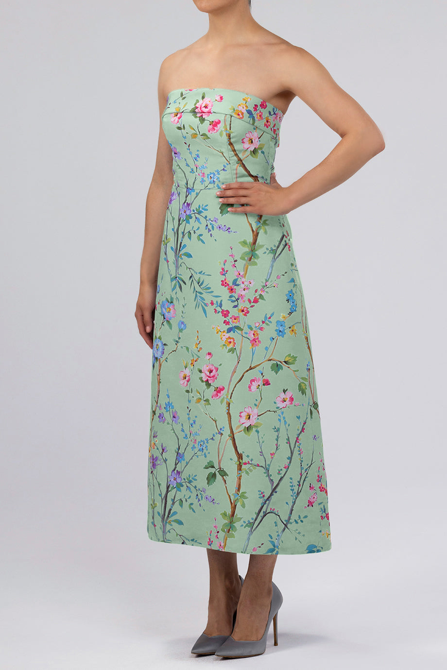 Lucie Garden Reverie Silk Faille A-Line Midi Dress in Celadon Floral