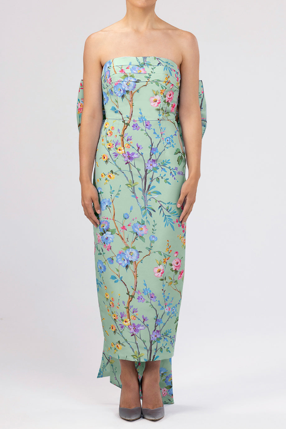 Margaret Garden Reverie Silk Faille Midi Dress in Celadon Floral