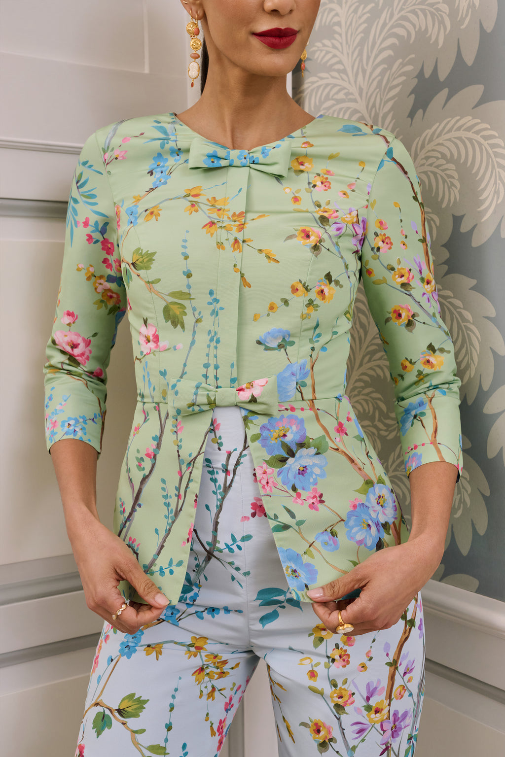 Marion Garden Reverie Silk Faille Top in Celadon Floral