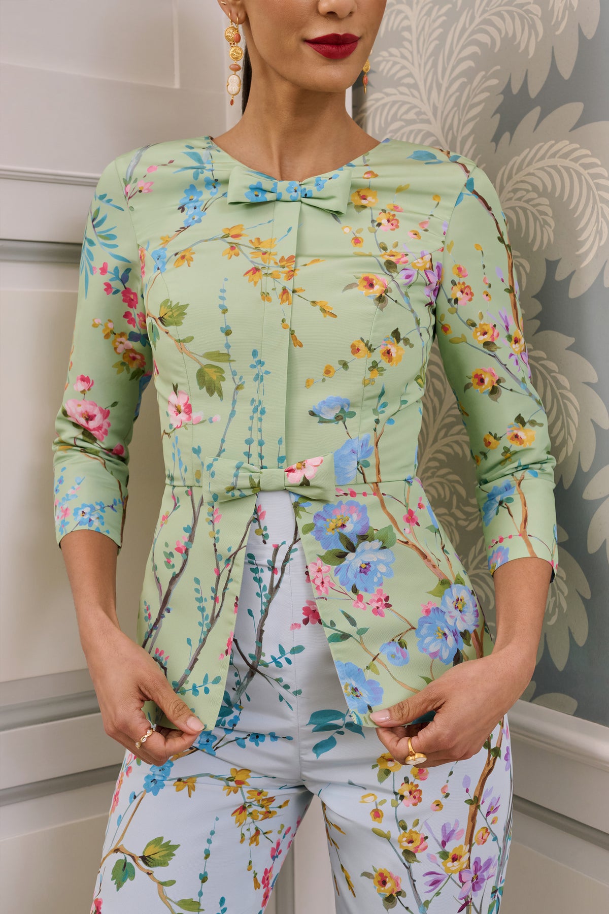 Marion Garden Reverie Silk Faille Top in Celadon Floral
