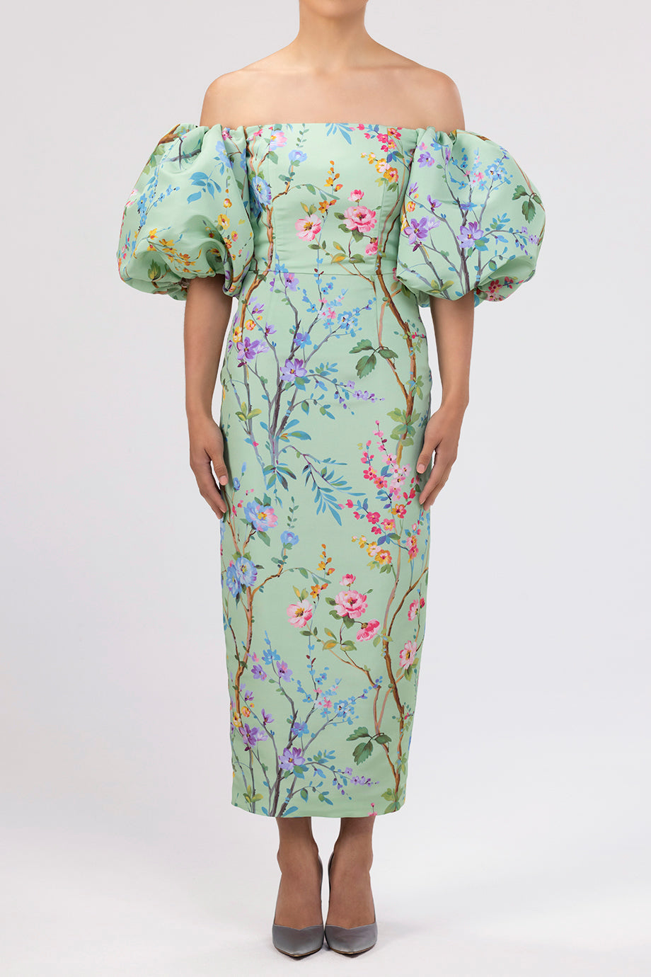 Sylvia Garden Reverie Silk Faille Midi Dress in Celadon Floral